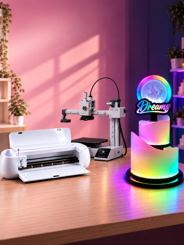 Tarta iluminada DREAMS junto a la impresora 3D y la máquina de corte